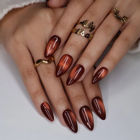 Short Almond Deep Brown Orange Cat Eye Short Almond Deep Brown Orange Cat Eye — Cat Eye Nail Art