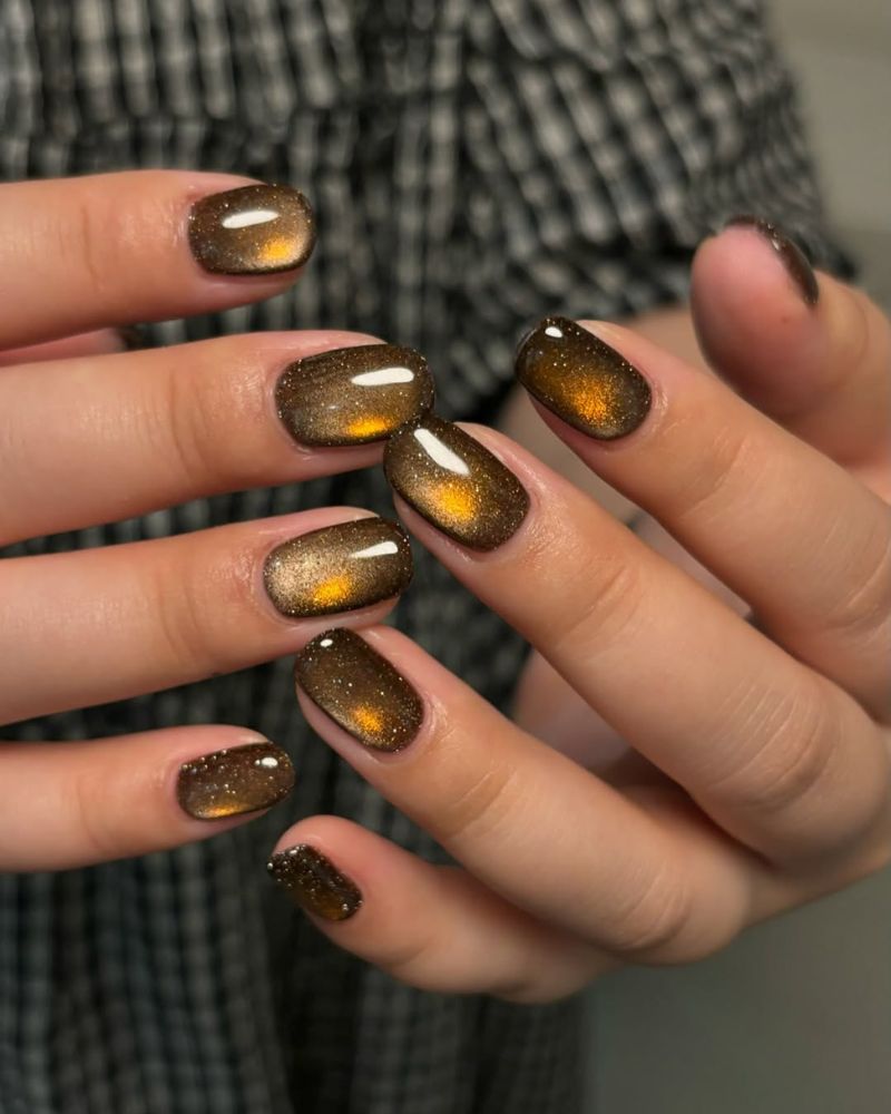 Short Oval Dark Brown Gold Cat Eye Short Oval Dark Brown Gold Cat Eye — Cat Eye Nail Art