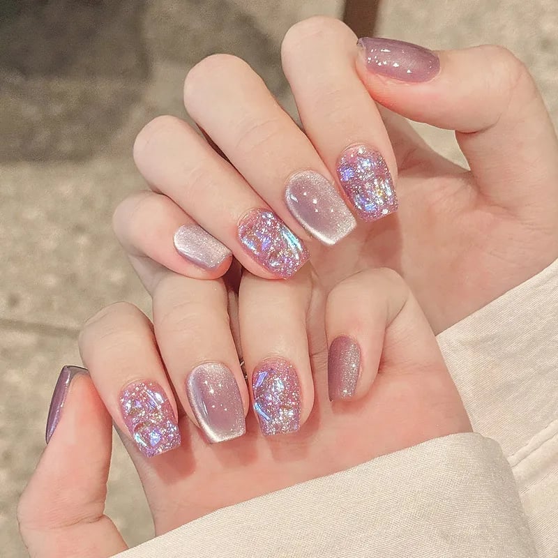 Short Square Pink Purple Cat Eye Glitter Short Square Pink Purple Cat Eye Glitter — Cat Eye Nail Art