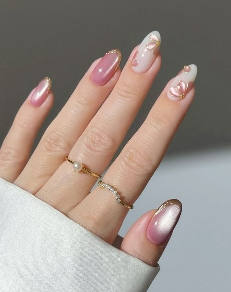 Medium Almond Pink Pearlescent Floral Medium Almond Pink Pearlescent Floral — Cat Eye Nail Art