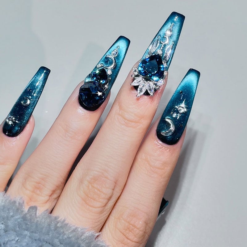 Long Coffin Teal Black Cat Eye Celestial Long Coffin Teal Black Cat Eye Celestial — Cat Eye Nail Art