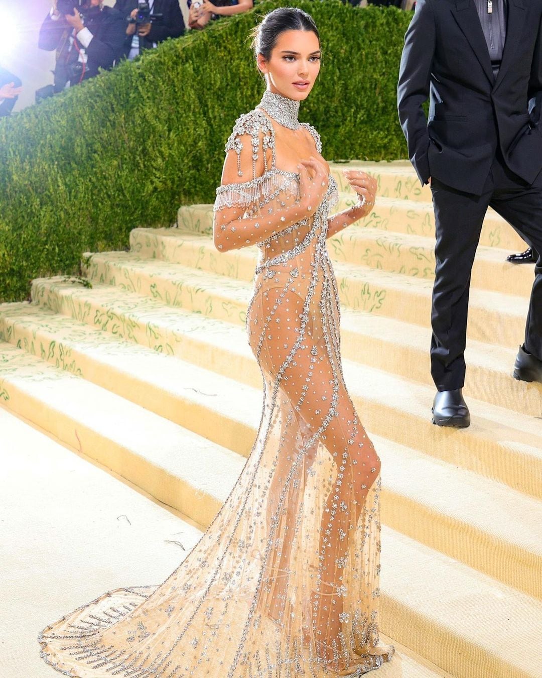 Sheer Embellished Gown with High Neckline — Celebrities Dresses