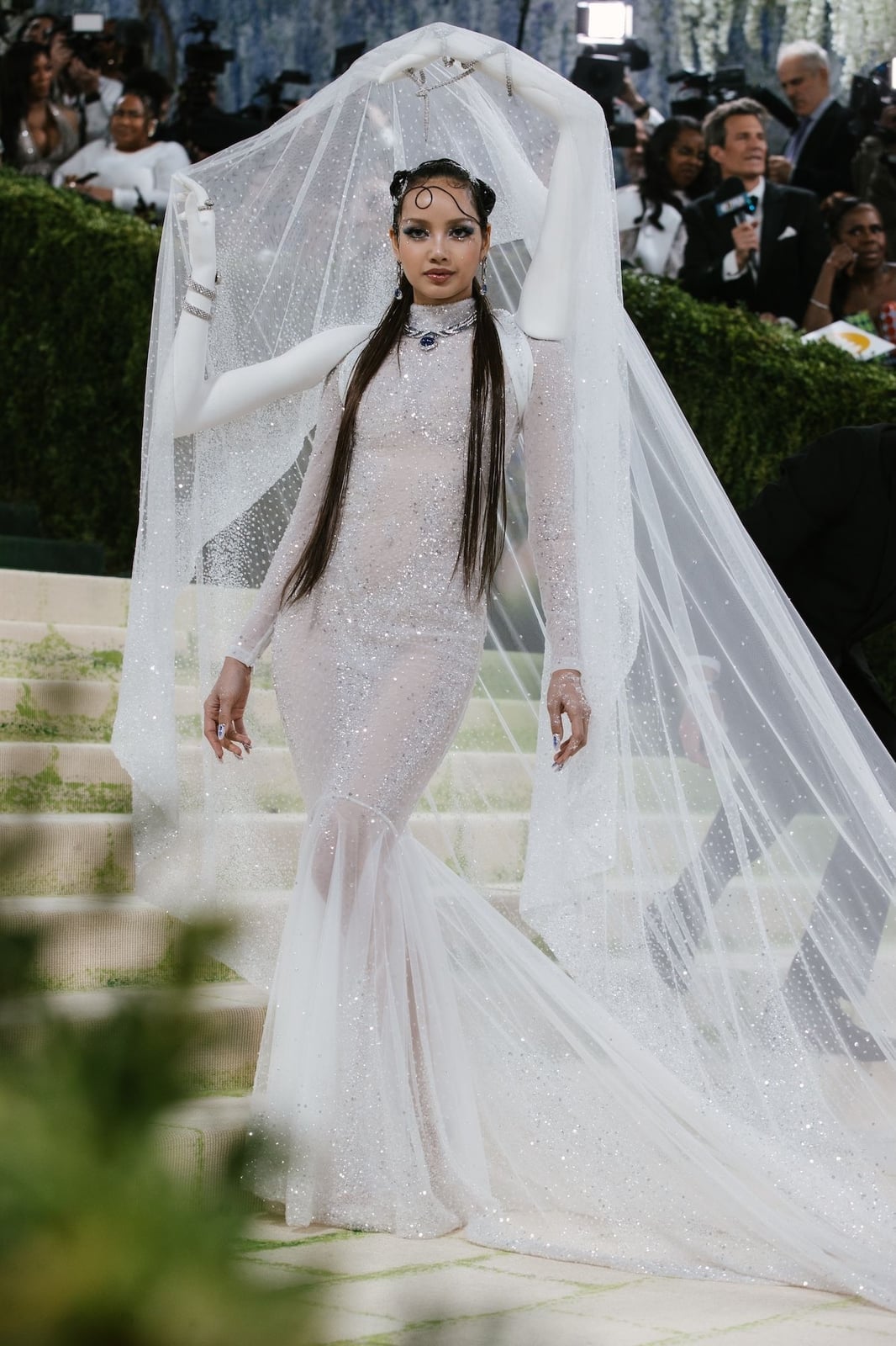 White Sheer Sequined Gown with Mermaid Silhouette — Celebrities Dresses