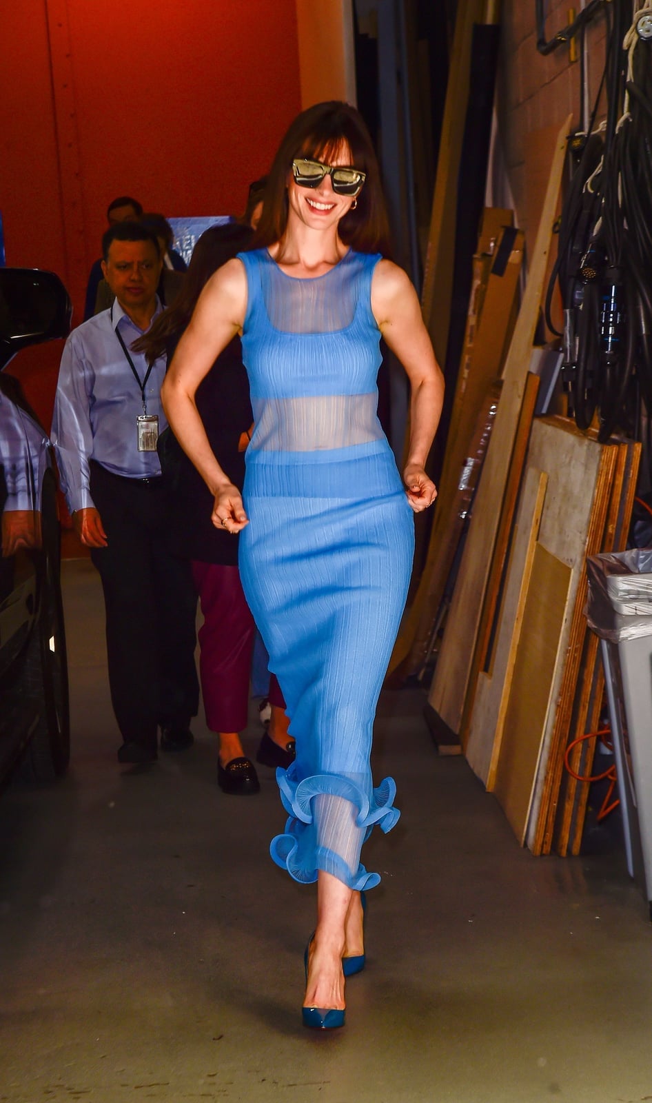 Blue Midi Dress with Ribbed Texture — Celebrities Dresses