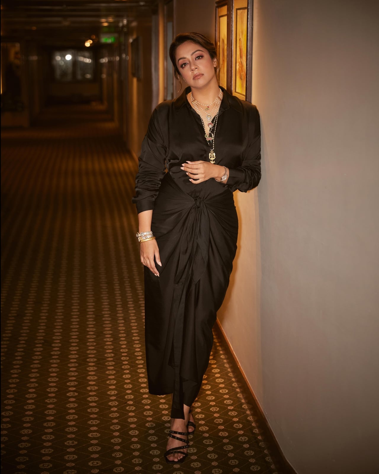 Black Satin Wrap Skirt and Collared Shirt — Celebrities Dresses