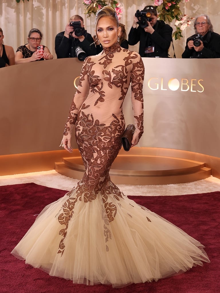 Sheer Lace Appliqué Gown with Voluminous Skirt — Celebrities Dresses