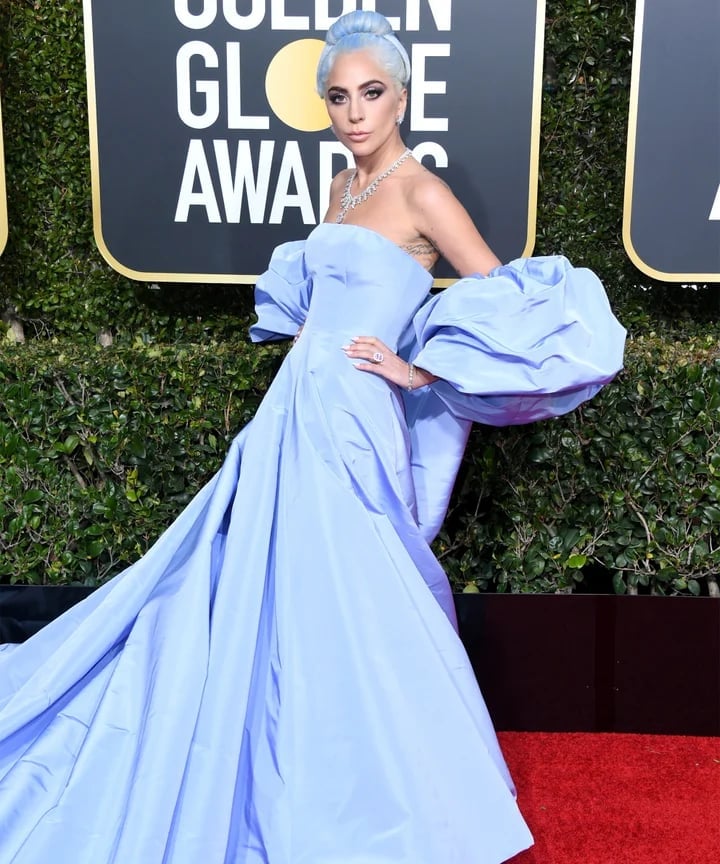 Periwinkle Blue Gown with Voluminous Puff Sleeves — Celebrities Dresses
