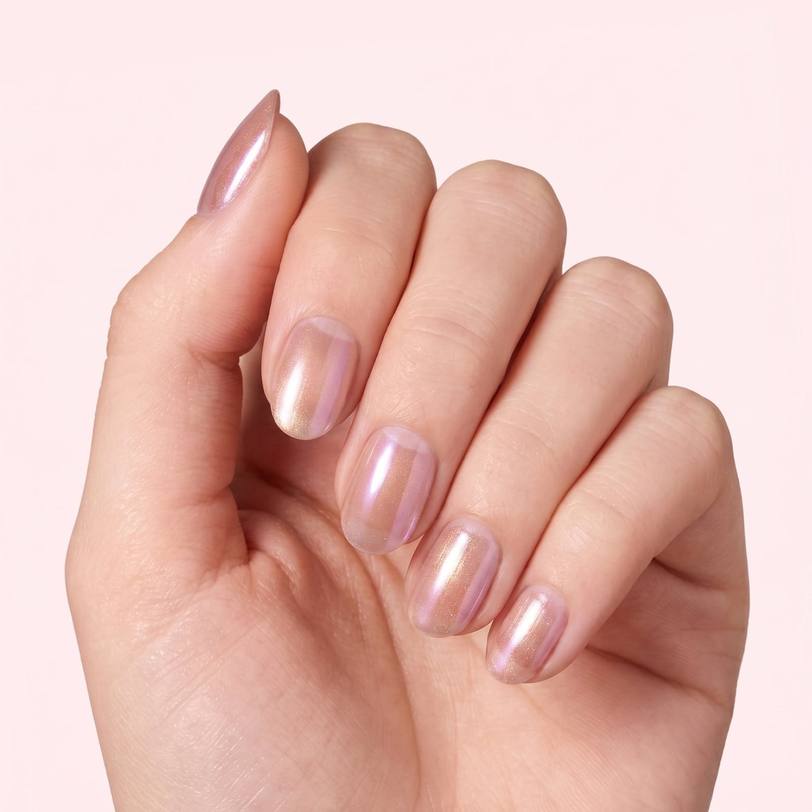 Milky Pink Gold Shimmer Short Oval Nails Milky Pink Gold Shimmer Short Oval Nails — Champagne Nails
