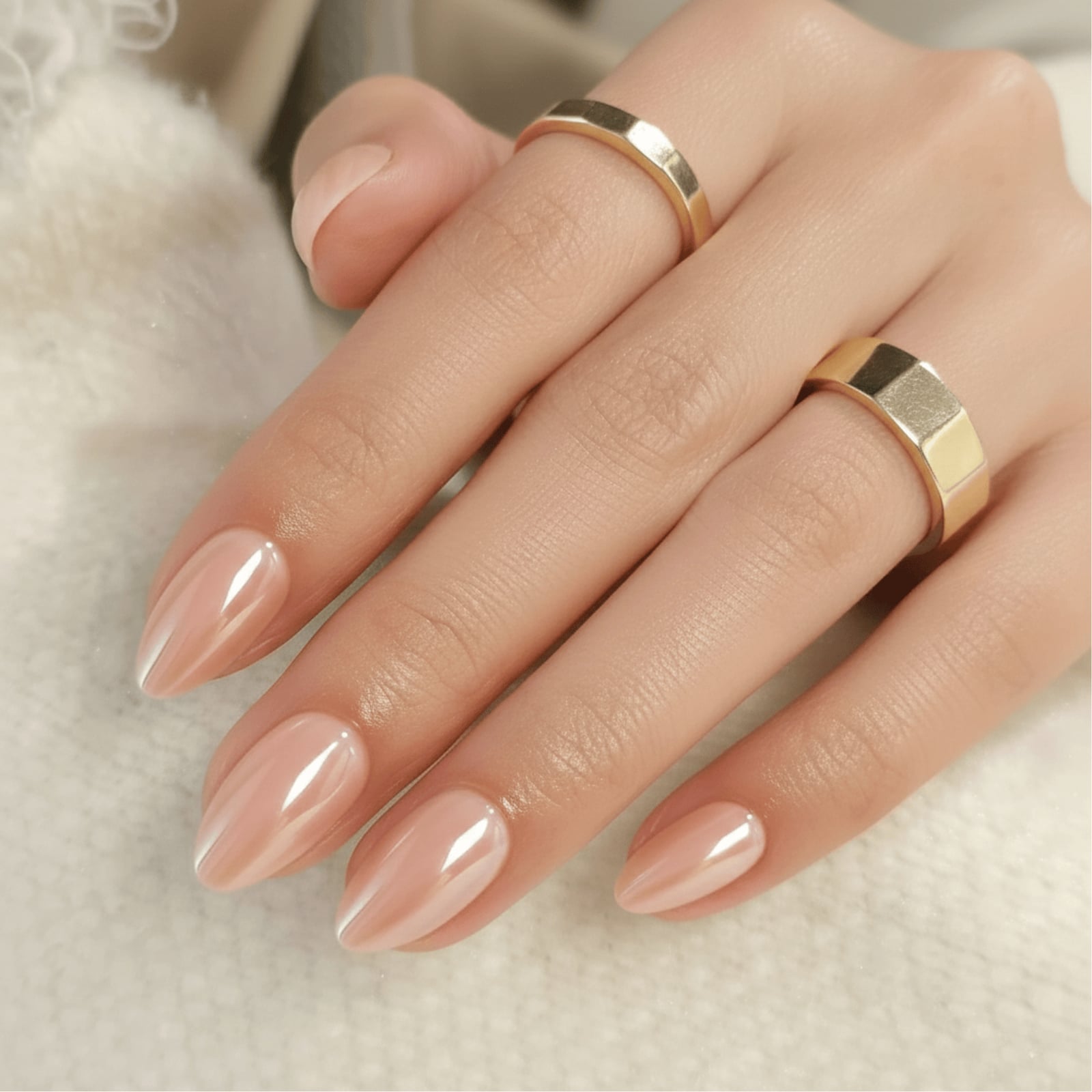 Sheer Nude Satin Gold Line Medium Stiletto Almond Nails Sheer Nude Satin Gold Line Medium Stiletto Almond Nails — Champagne Nails