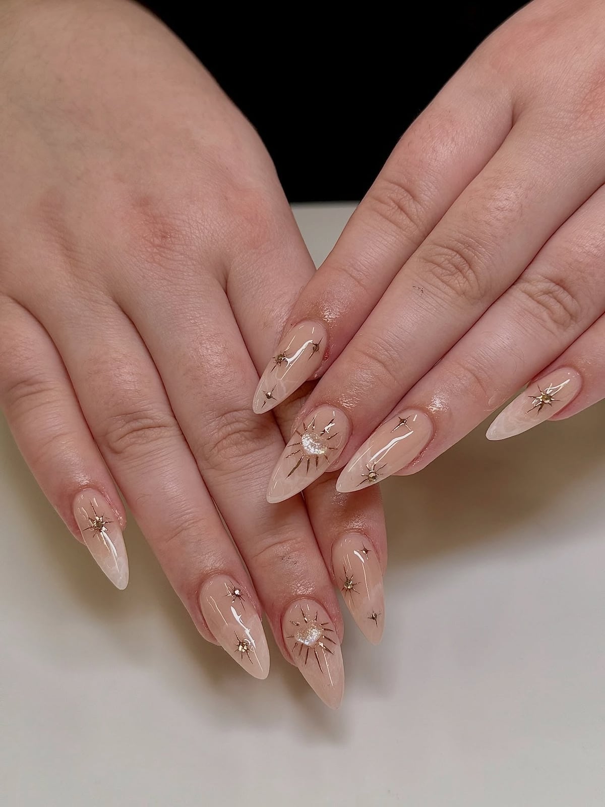 Golden Beige Satin Gold Border Leopard Print Medium Almond Nails Golden Beige Satin Gold Border Leopard Print Medium Almond Nails — Champagne Nails
