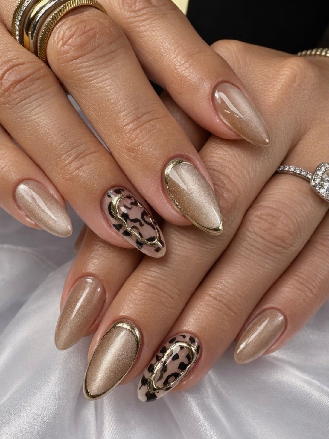Golden Beige Satin Gold Border Leopard Print Medium Almond Nails Golden Beige Satin Gold Border Leopard Print Medium Almond Nails — Champagne Nails