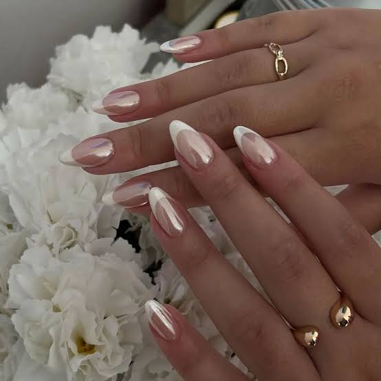 Sheer Pink Chrome French Tip Medium Almond Nails Sheer Pink Chrome French Tip Medium Almond Nails — Champagne Nails