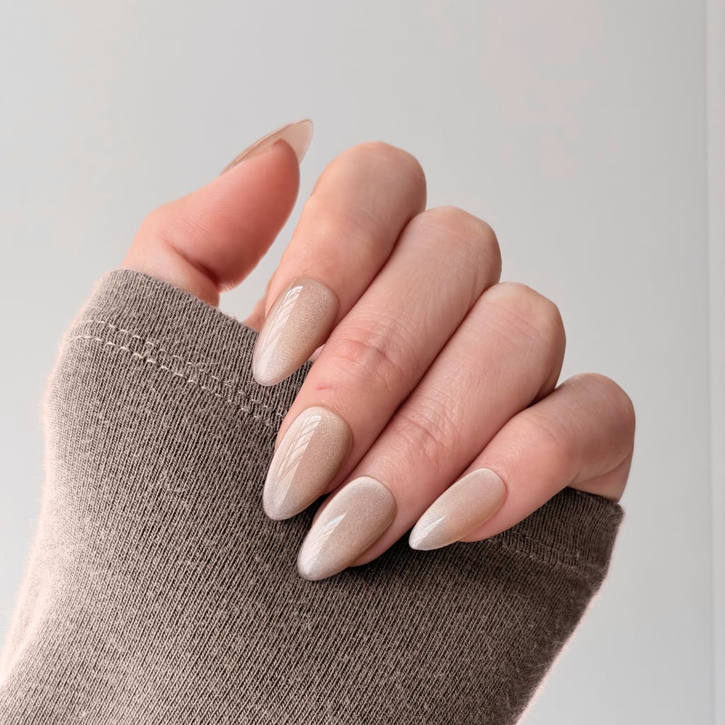 Sheer Nude Fine Shimmer Short Almond Nails Sheer Nude Fine Shimmer Short Almond Nails — Champagne Nails