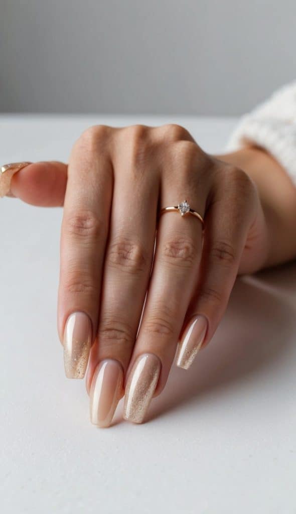 Long Soft Square Nude Glitter Tip Nails Long Soft Square Nude Glitter Tip Nails — Champagne Nails