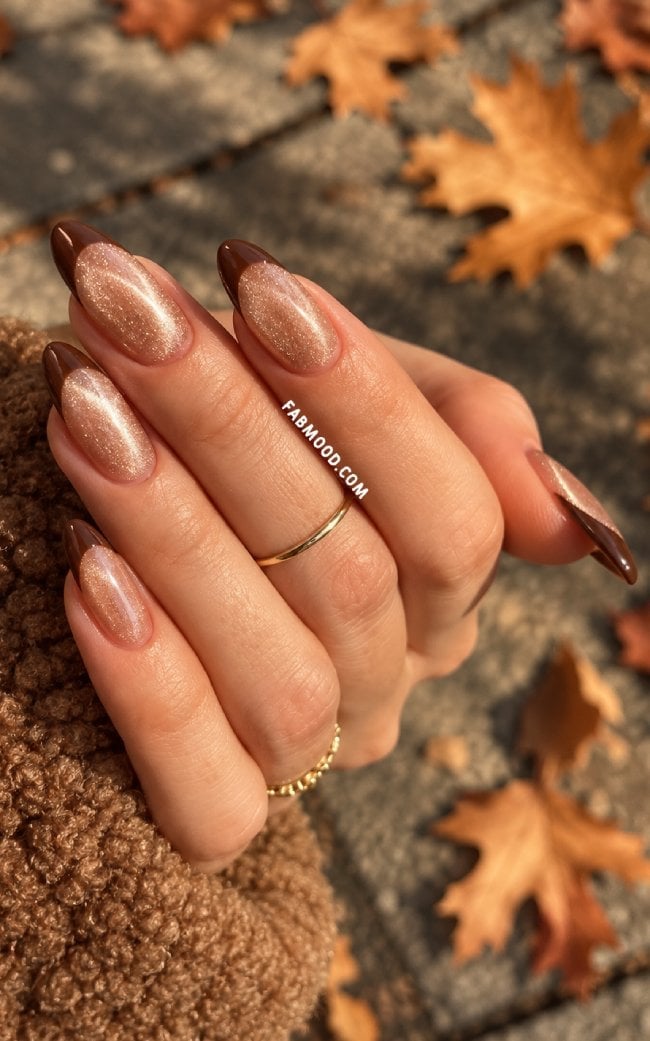 Long Almond Champagne Cat Eye Brown French Tip Nails Long Almond Champagne Cat Eye Brown French Tip Nails — Champagne Nails