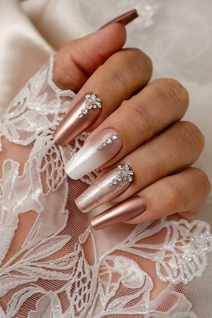 Long Coffin Rose Gold Glitter Matte White Gradient Rhinestone Nails Long Coffin Rose Gold Glitter Matte White Gradient Rhinestone Nails — Champagne Nails