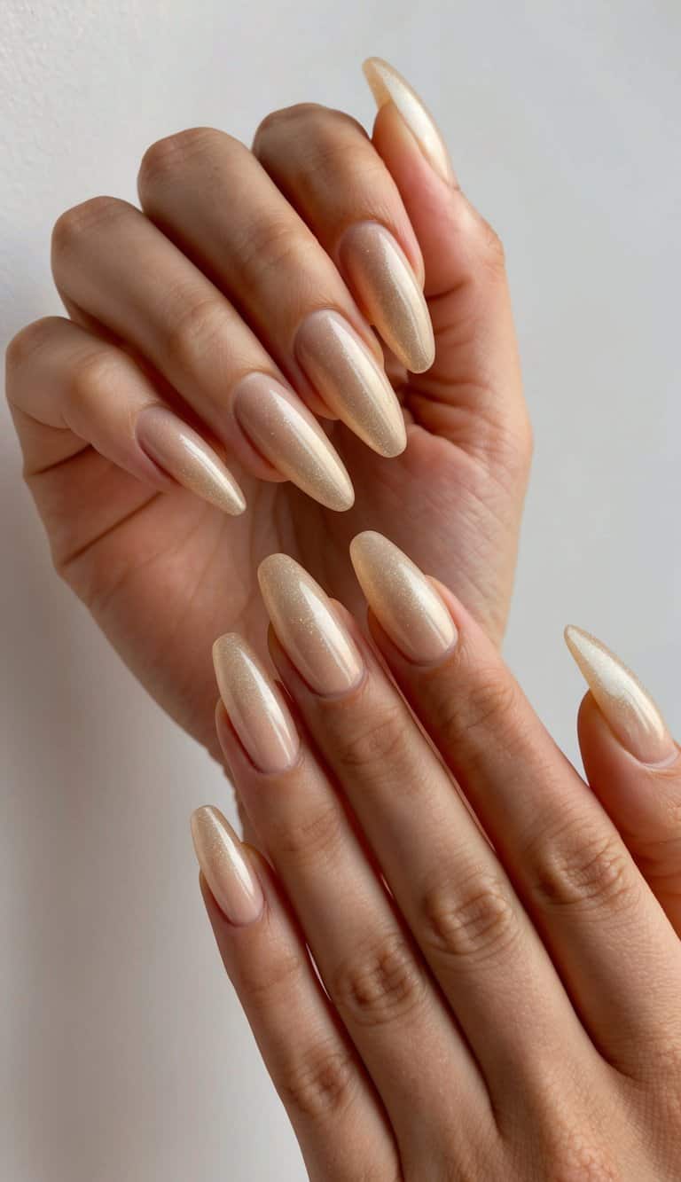 Pale Gold Shimmer Medium Almond Nails Pale Gold Shimmer Medium Almond Nails — Champagne Nails