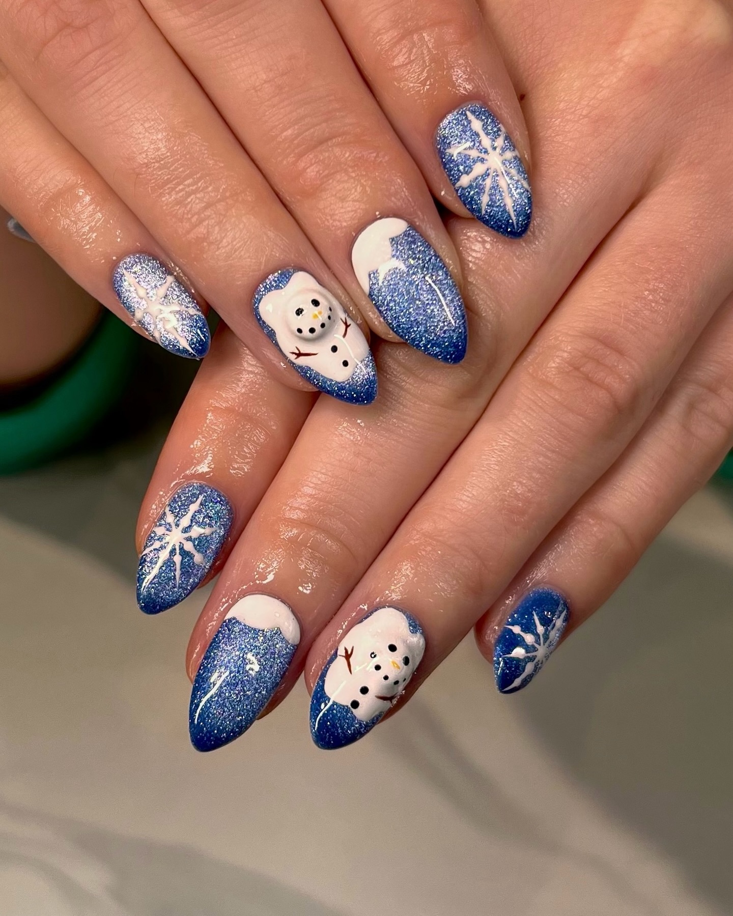 Charming Snowman & Snowflake Almond Nails