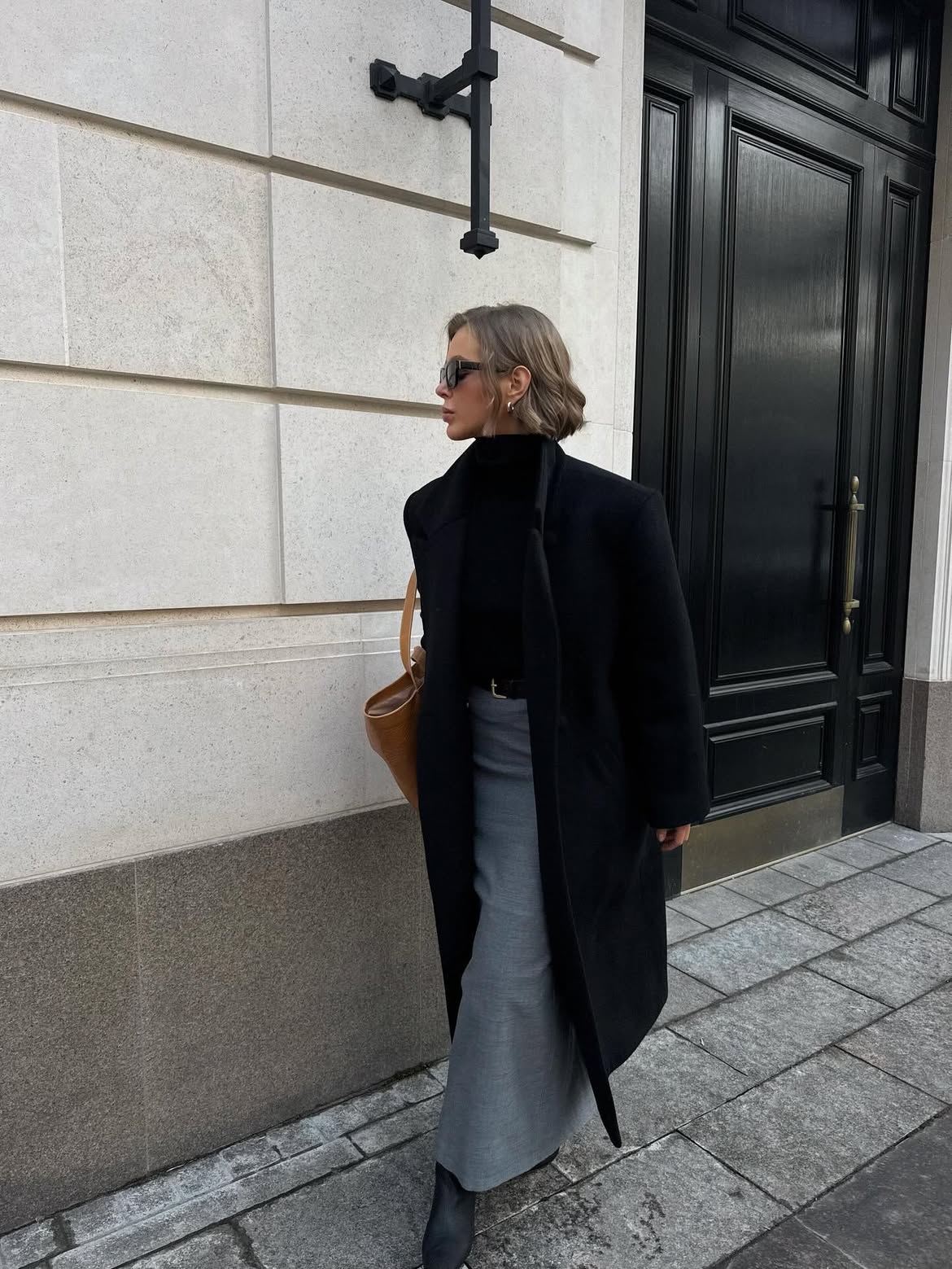 Chic Black Coat Over Turtleneck and Maxi Skirt
