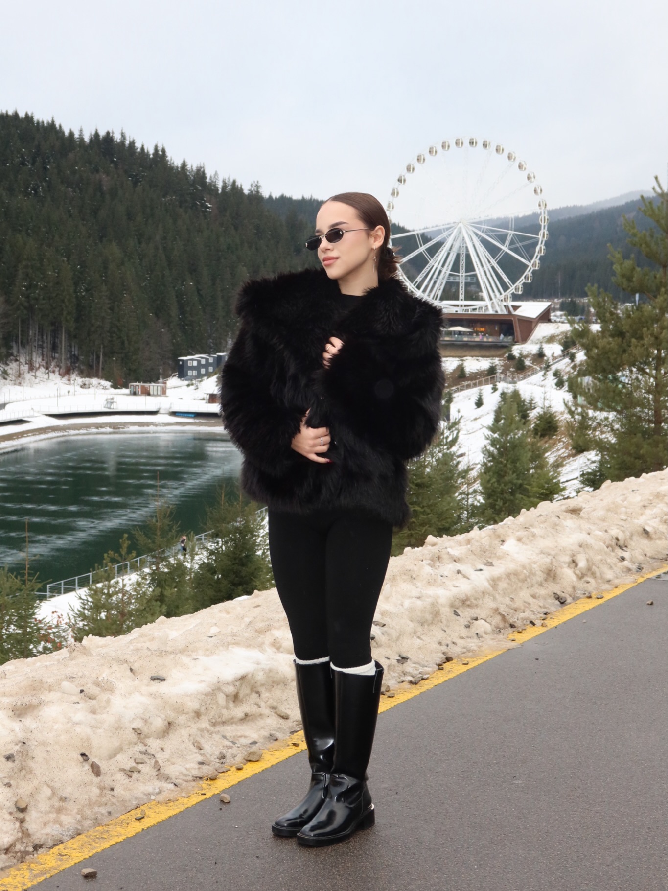 Chic Black Faux Fur Coat With Tall Boots