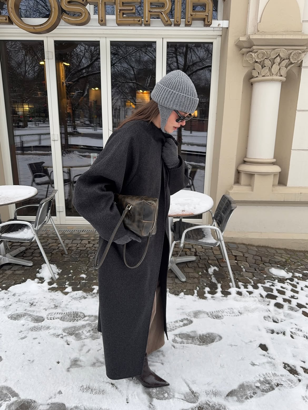 Chic Charcoal Wool Coat With Aviator Beanie