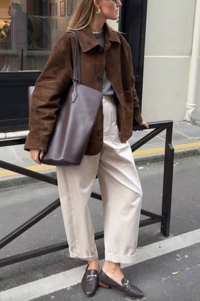 Brown Suede Jacket with Cream Trousers Brown Suede Jacket with Cream Trousers — Chic Style