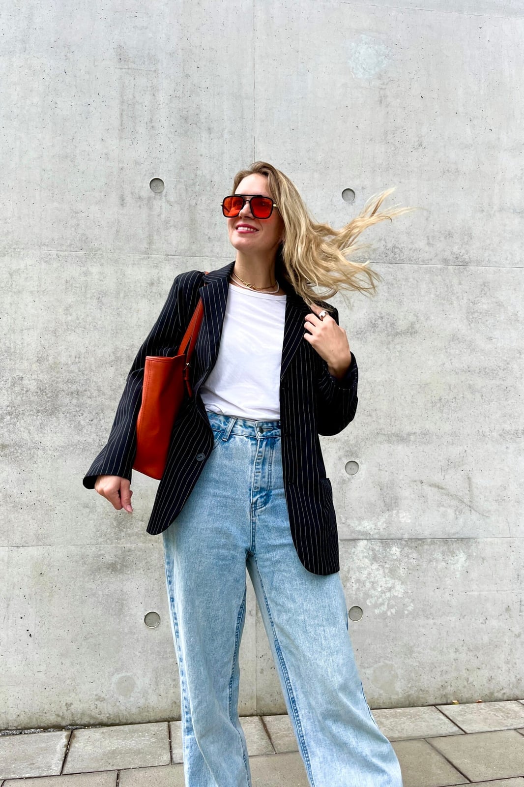 Pinstripe Blazer with Wide-Leg Jeans Pinstripe Blazer with Wide-Leg Jeans — Chic Style