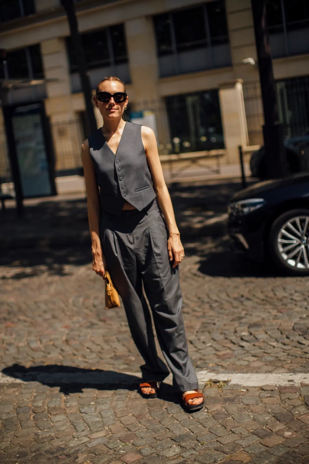 Gray Waistcoat Suit with Flat Sandals Gray Waistcoat Suit with Flat Sandals — Chic Style