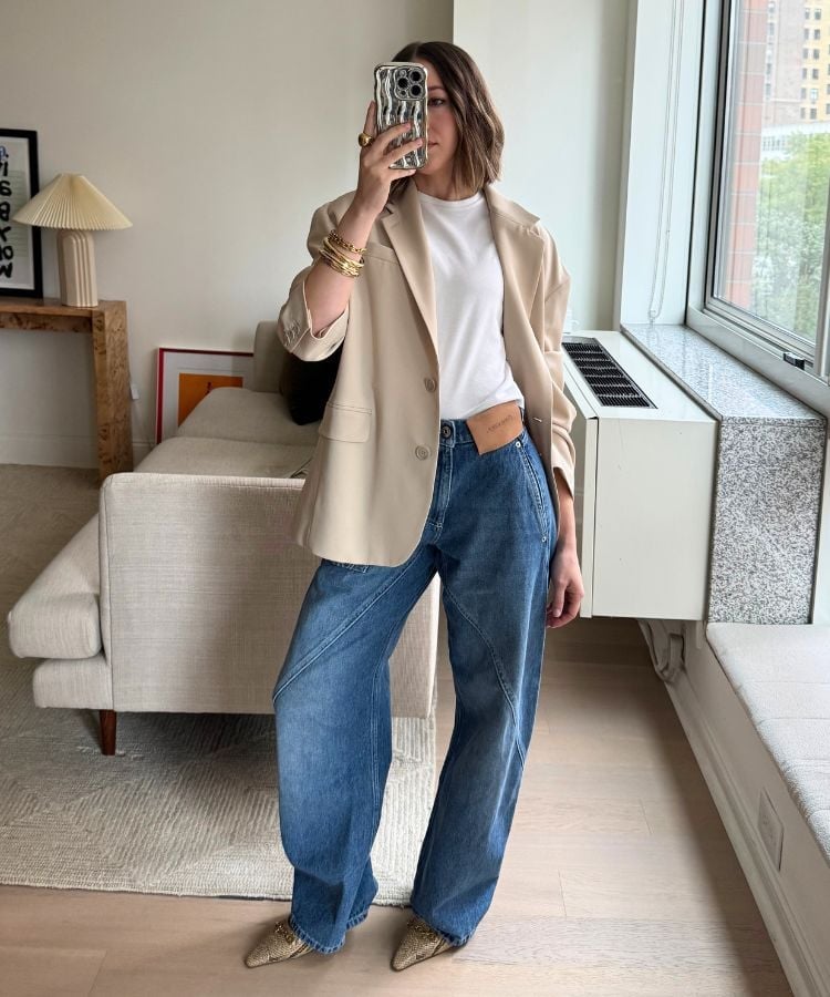 Beige Oversized Blazer with Metallic Flats Beige Oversized Blazer with Metallic Flats — Chic Style