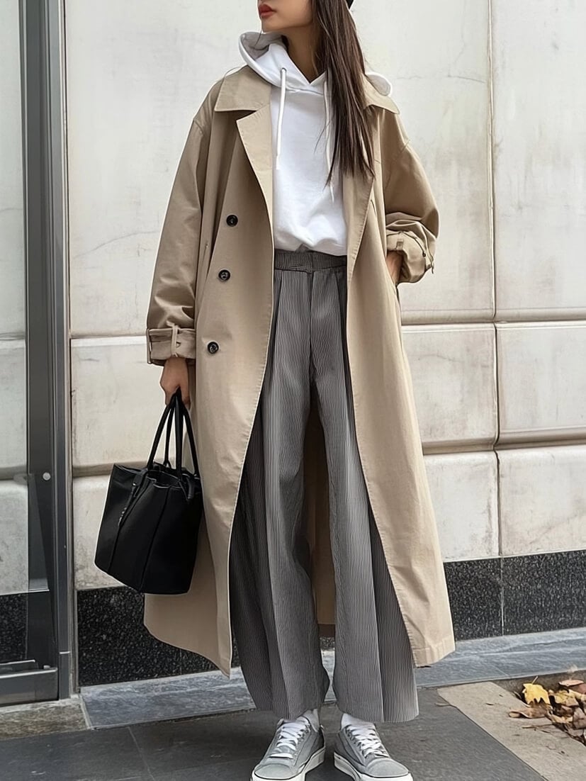 Beige Trench Coat with a Layered Hoodie Beige Trench Coat with a Layered Hoodie — Chic Style