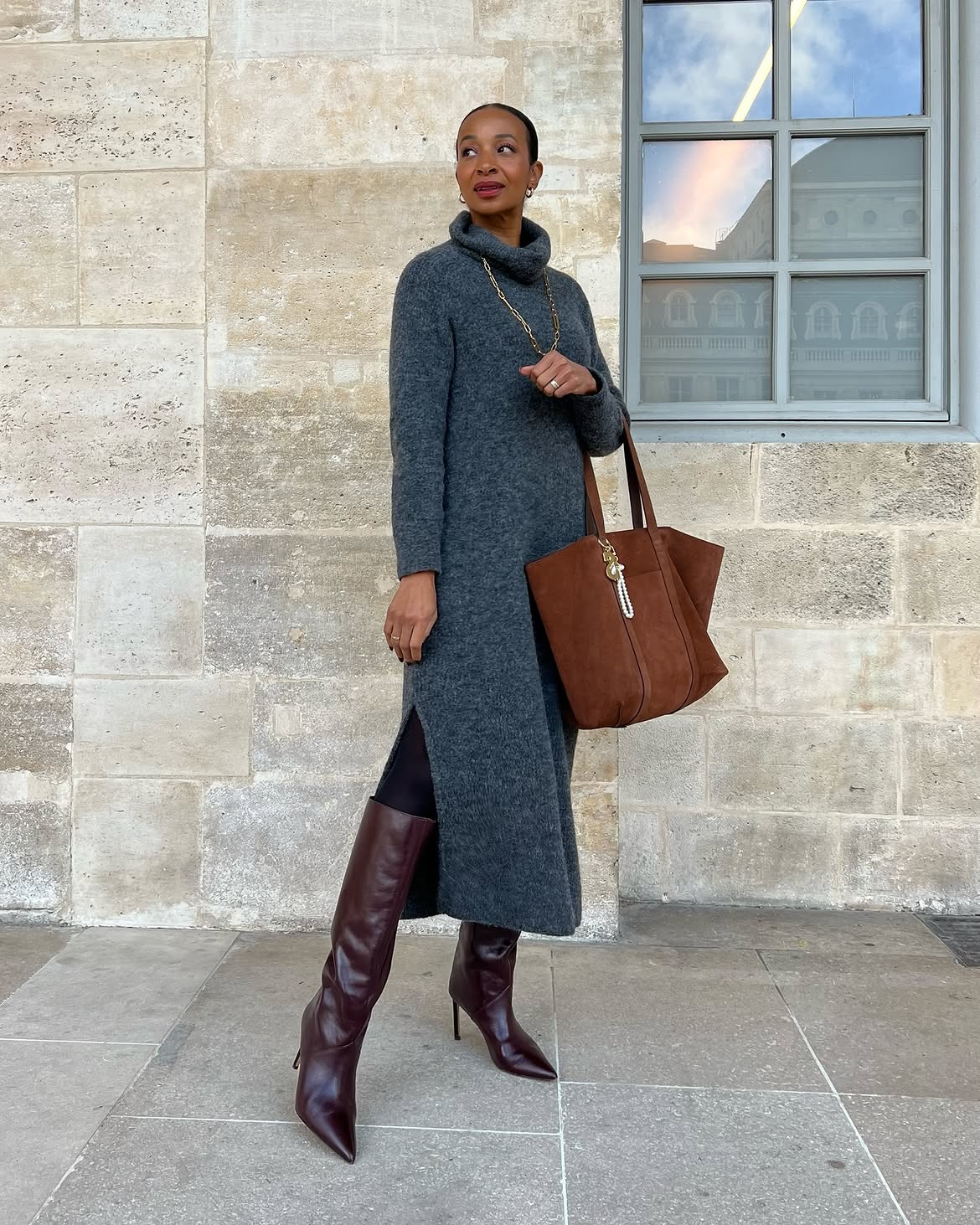 Chic Turtleneck Sweater Dress And Knee-High Boots