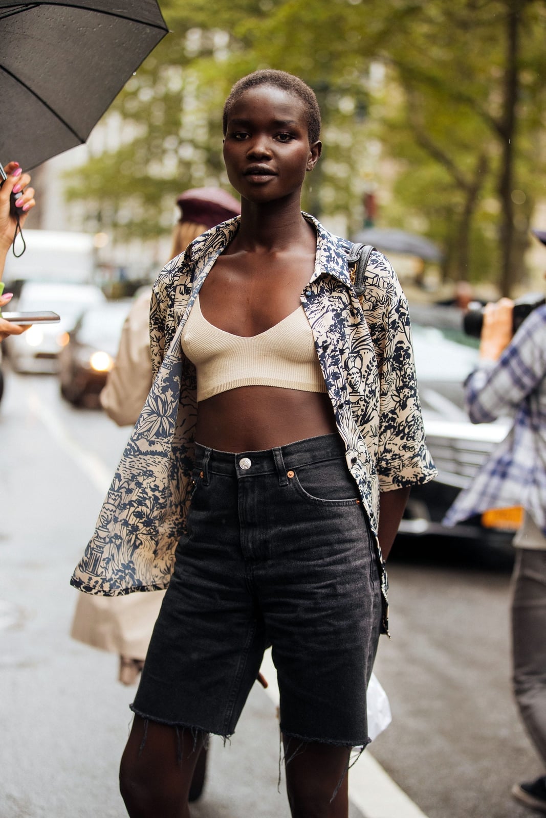 Printed Open Shirt Over Bralette with Black Denim Shorts — Chill Outfit