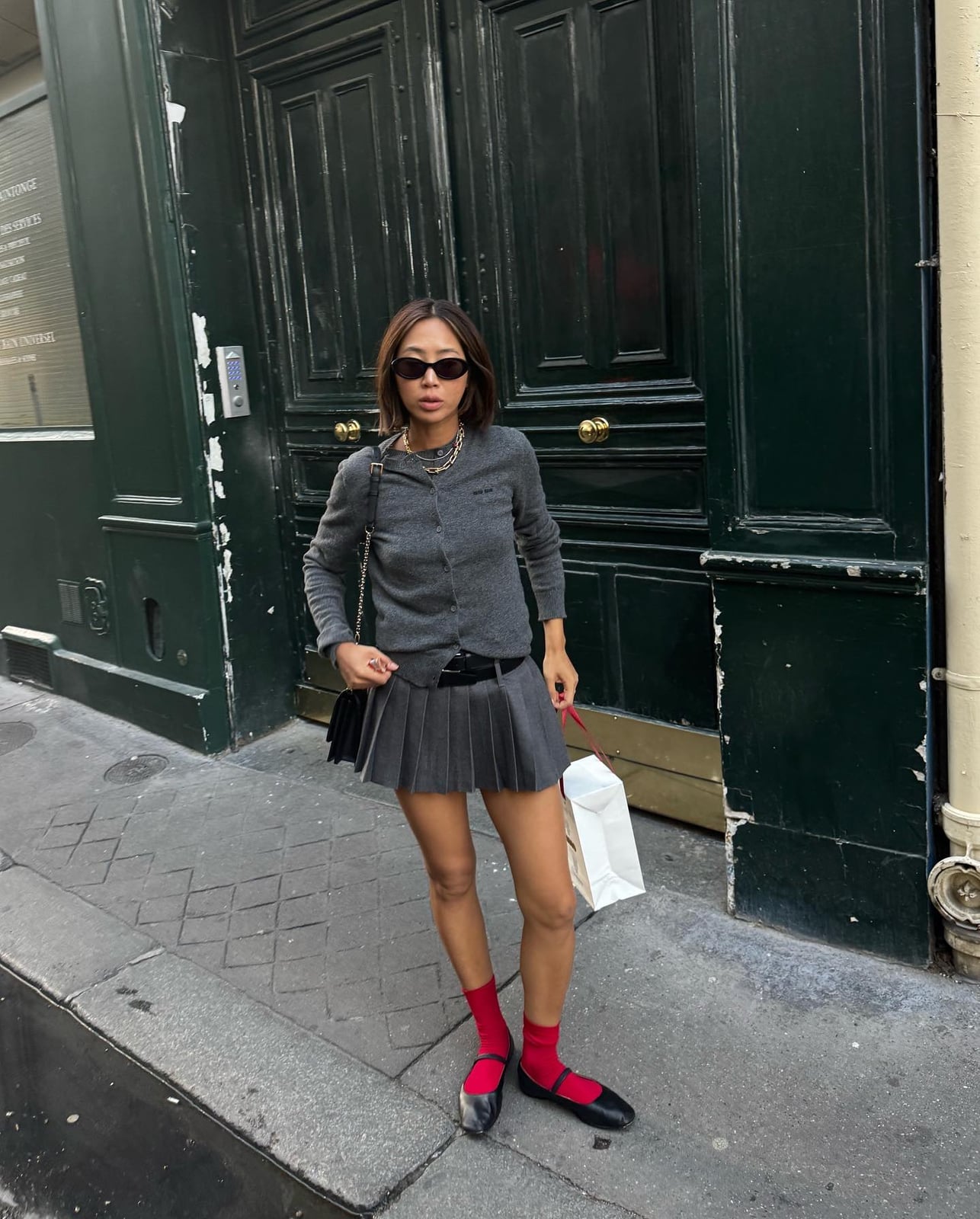 Gray Cardigan Over White Top with Pleated Mini Skirt — Chill Outfit