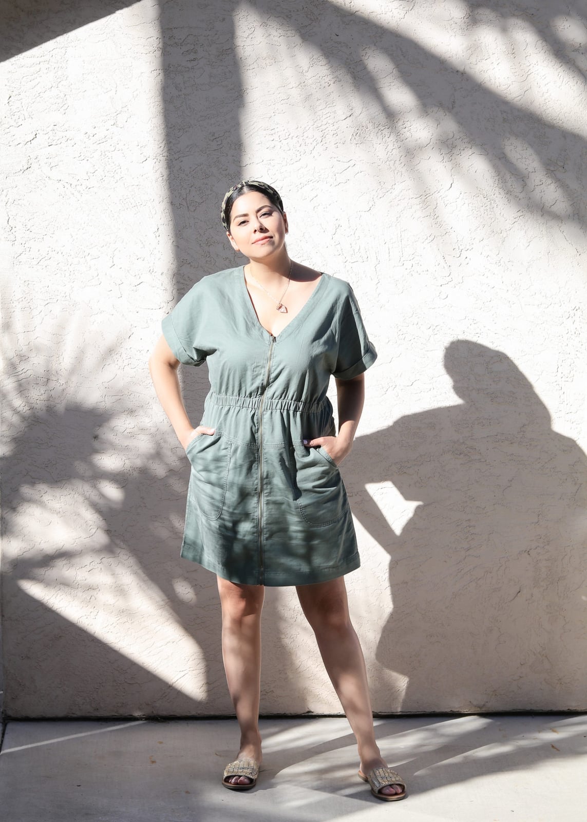 Sage Green Linen Blend Dress with Cinched Waist — Chill Outfit
