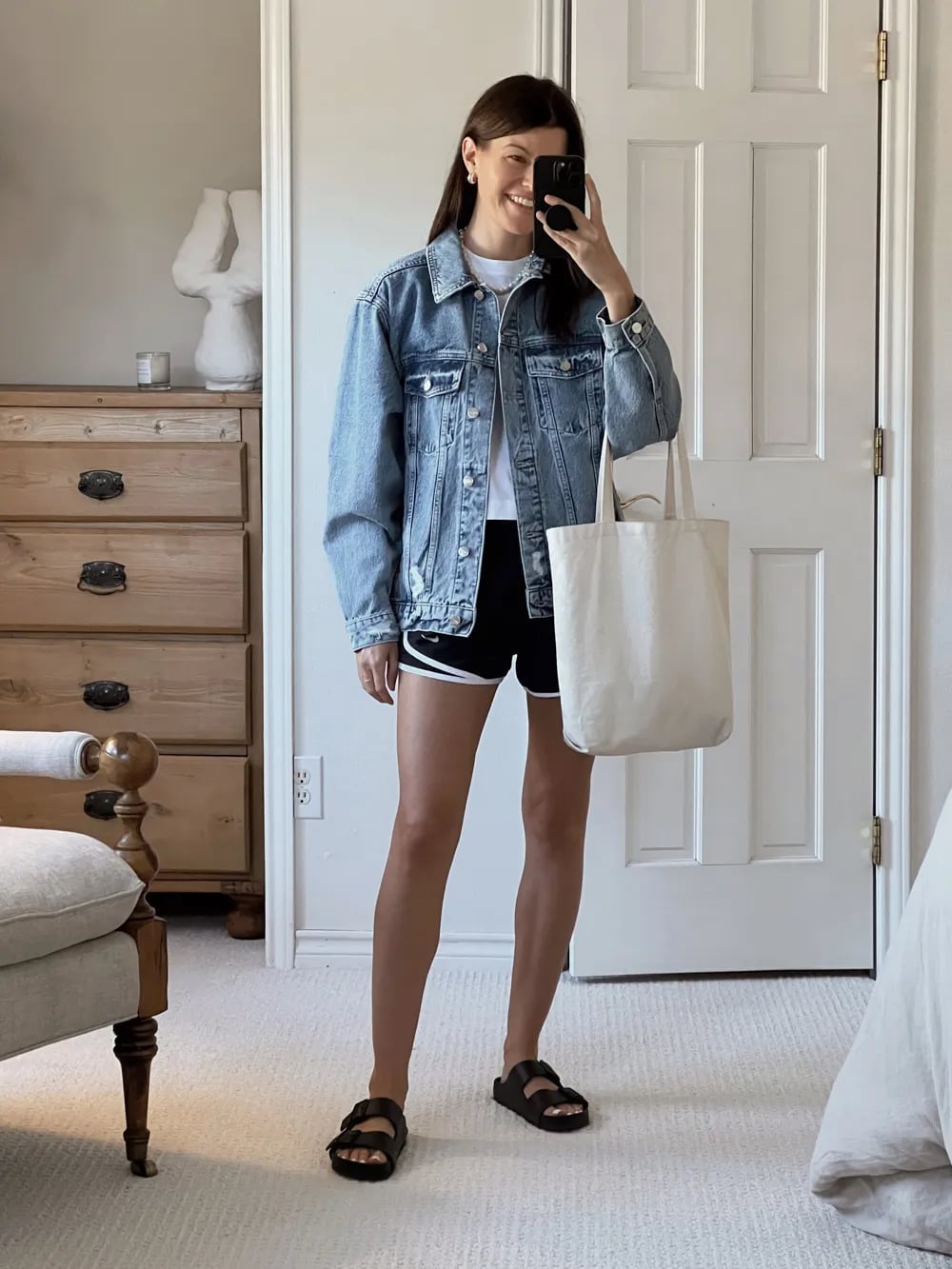 Oversized Denim Jacket Over T-Shirt with Athletic Shorts — Chill Outfit