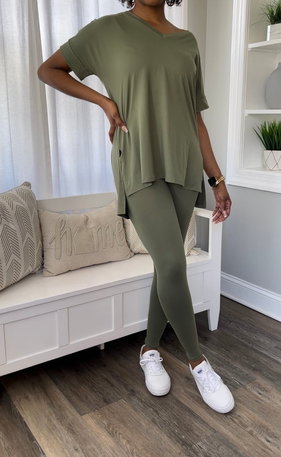 Olive Green Tunic Top with Leggings and Platform Sneakers — Chill Outfit