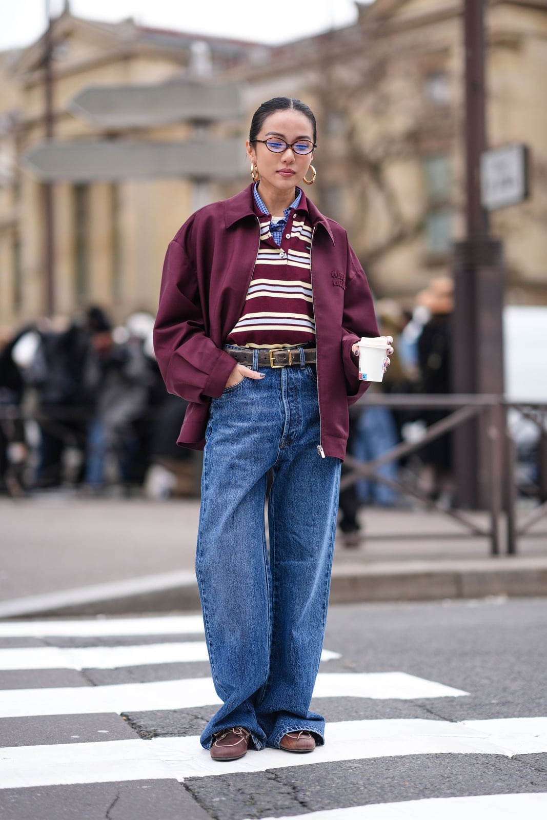 Burgundy Bomber Jacket with Striped Polo and Wide-Leg Jeans — Chill Outfit