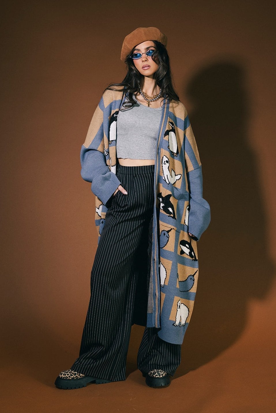 Penguin Print Cardigan Over Crop Top with Pinstripe Pants — Chill Outfit