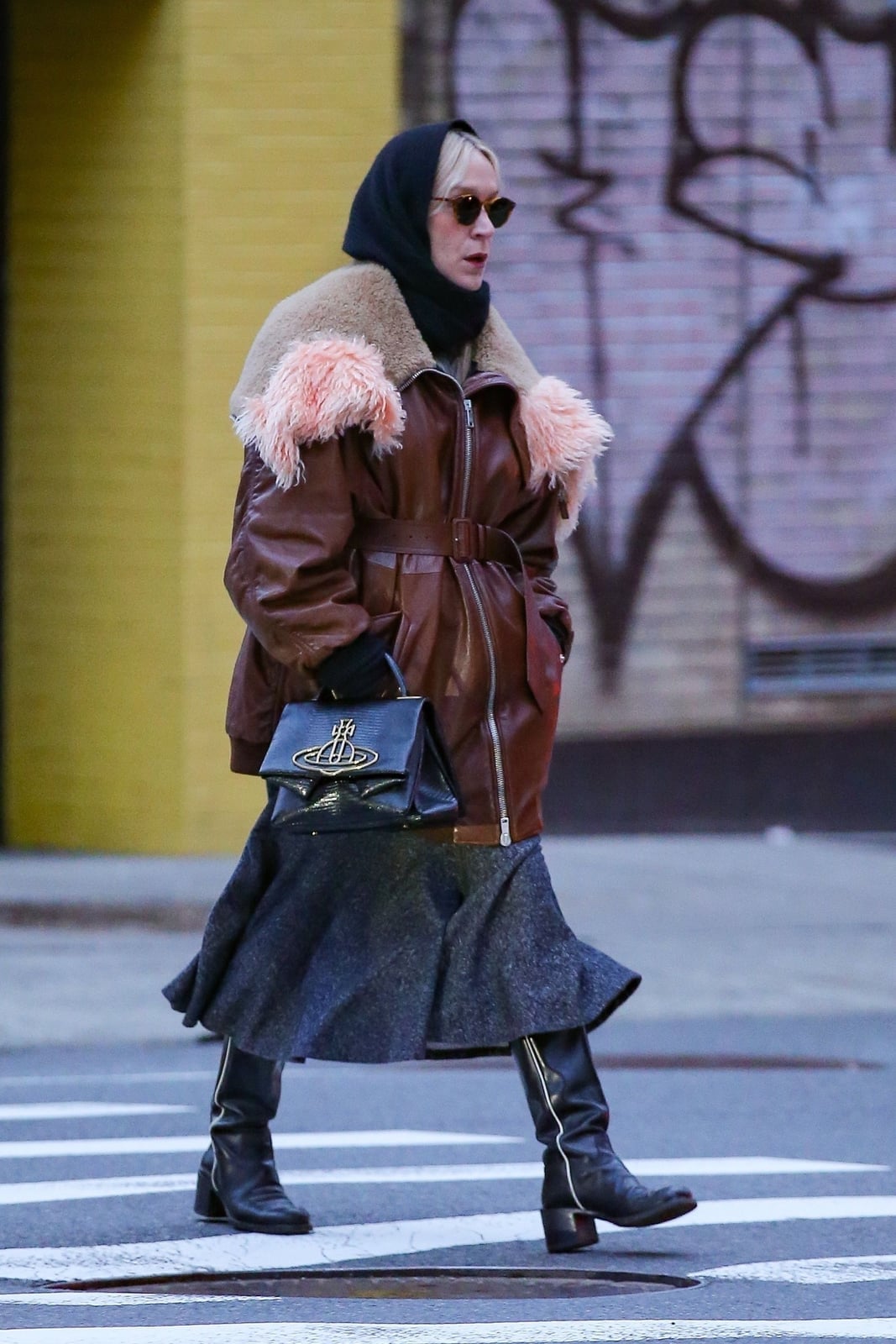 Brown Leather Jacket with Pink Fur Collar Over Wool Skirt — Chill Outfit