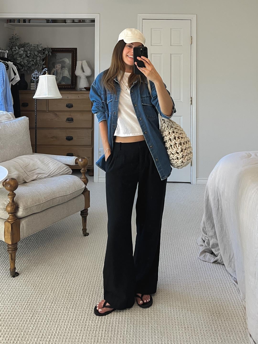 Oversized Denim Shirt with White T-Shirt and Wide-Leg Trousers — Chill Outfit