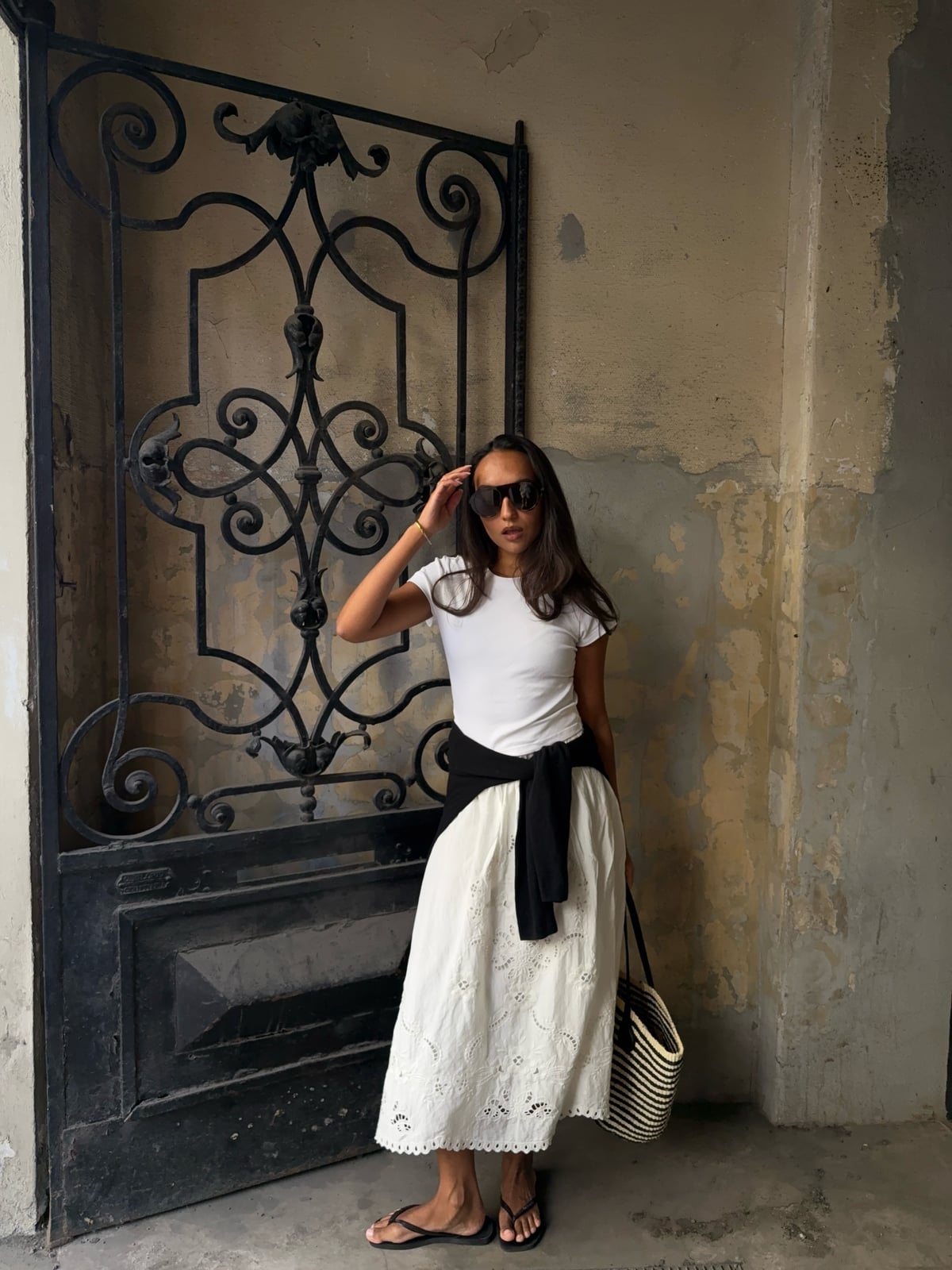White T-Shirt with Sweater Tied Over Embroidered Midi Skirt — Chill Outfit