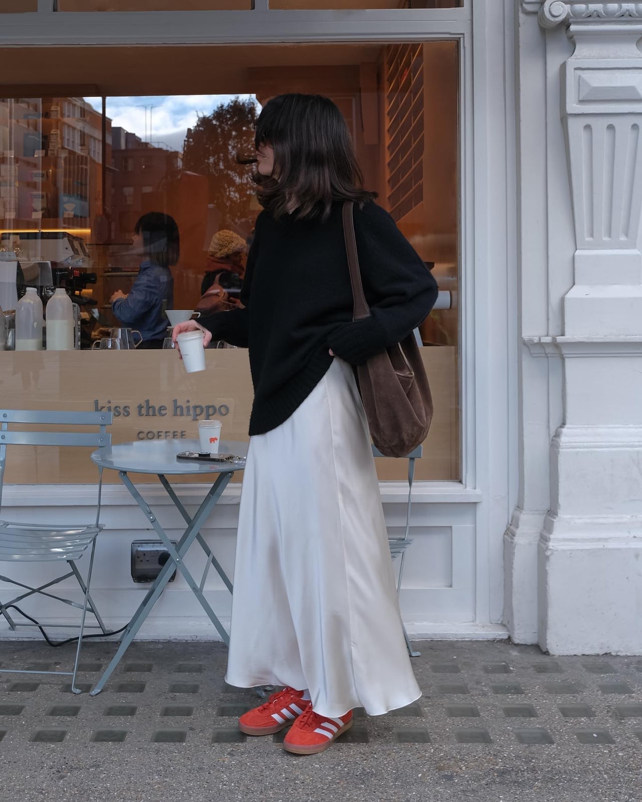 Black Oversized Sweater with Satin Maxi Skirt and Red Sneakers — Chill Outfit
