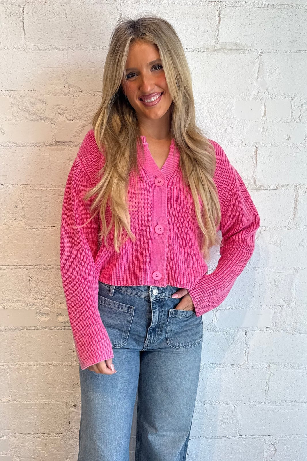 Bright Pink Button-Up Knit Cardigan Over Matching Top — Chill Outfit