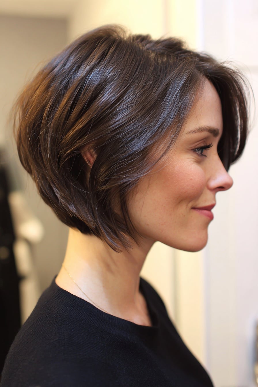 Sharp Angled Dark Brown Bob Sharp Angled Dark Brown Bob — Chin Length Bob