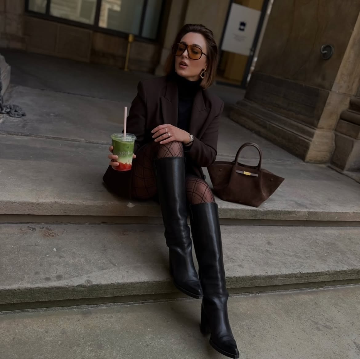 Chocolate Blazer And Black Knee High Boots