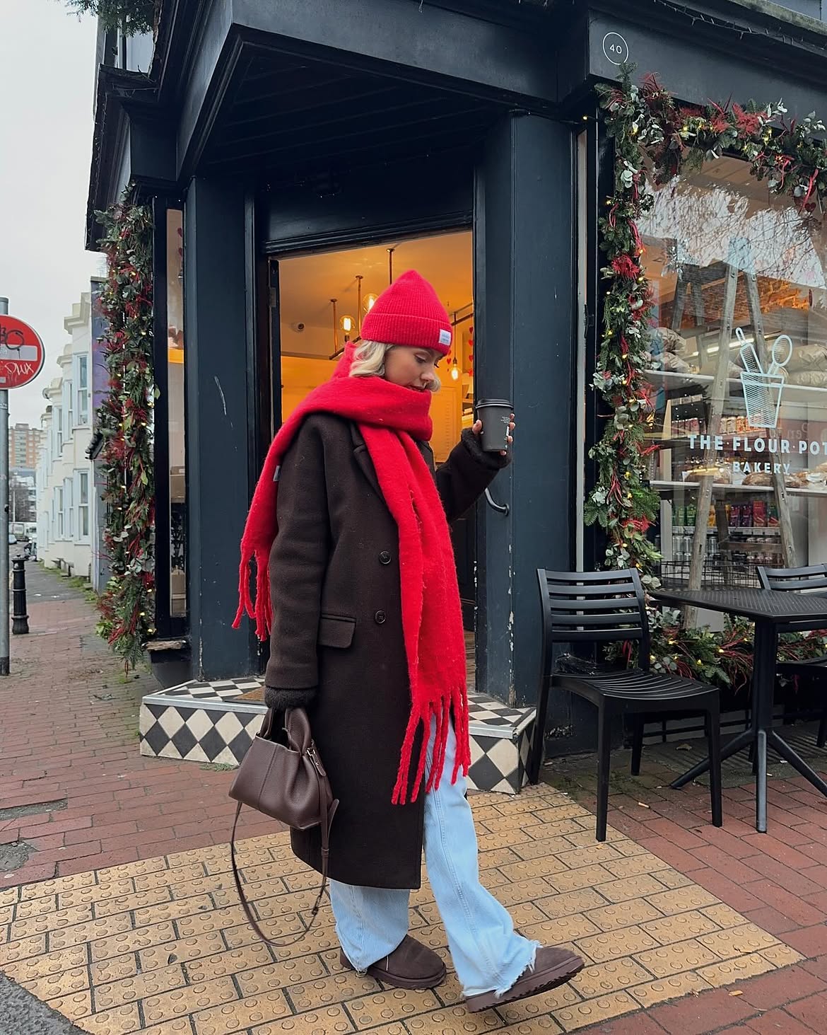 Chocolate Brown Coat And Red Scarf Winter Look