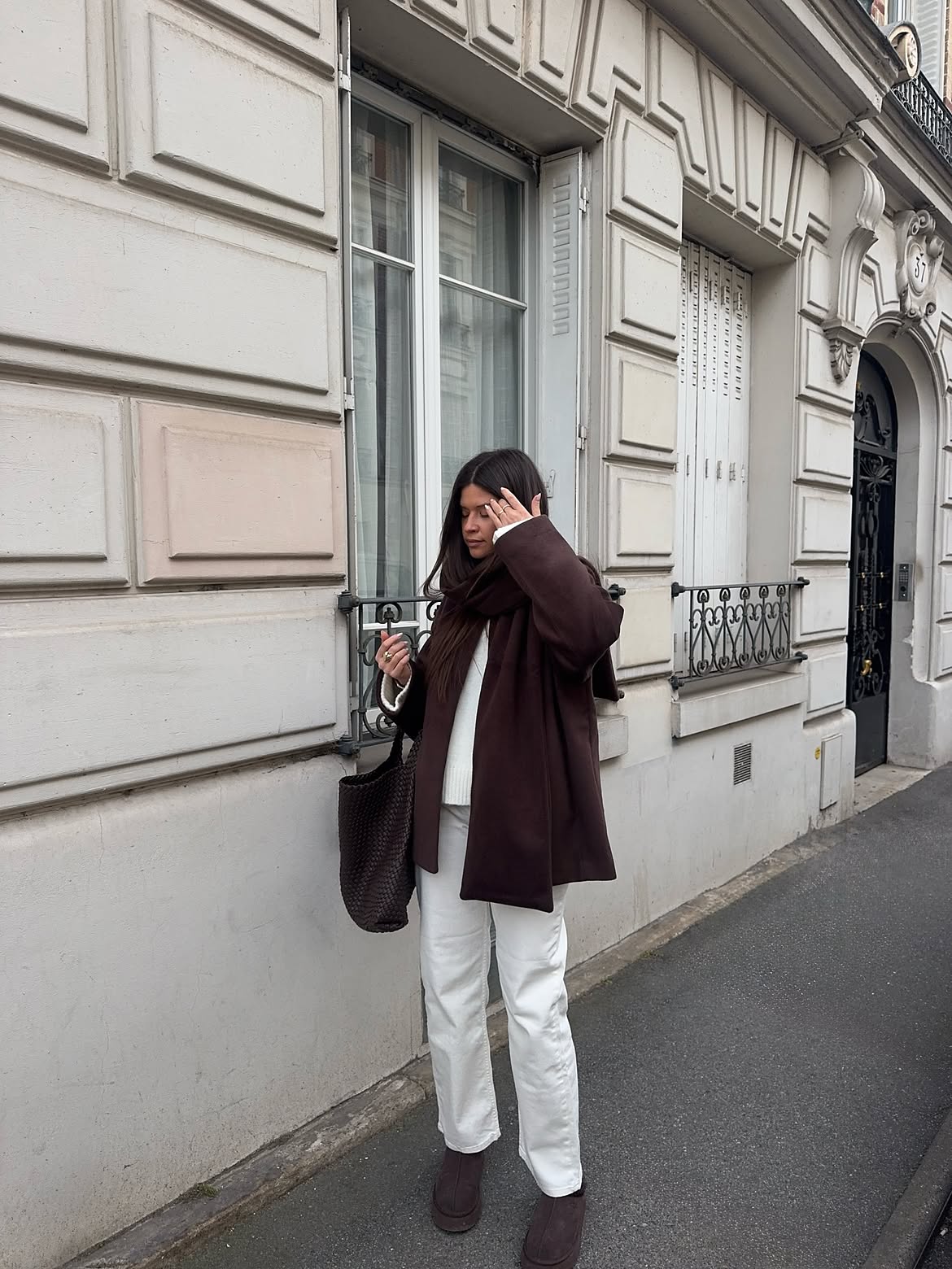 Chocolate Brown Statement Coat With Cream Wide-Leg Pants