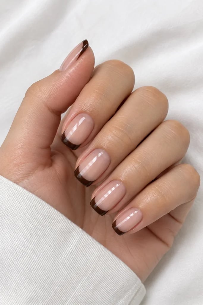 Sheer Pink Base Dark Brown French Tips Sheer Pink Base Dark Brown French Tips — Chocolate Nails