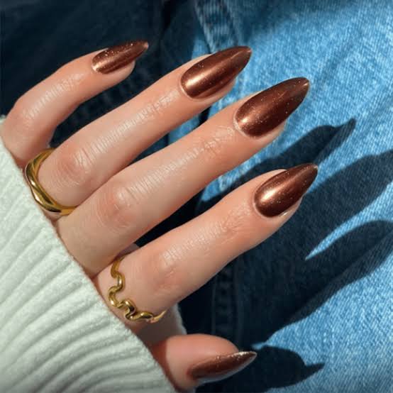 Bronze Metallic Chrome Stiletto Nails Bronze Metallic Chrome Stiletto Nails — Chocolate Nails