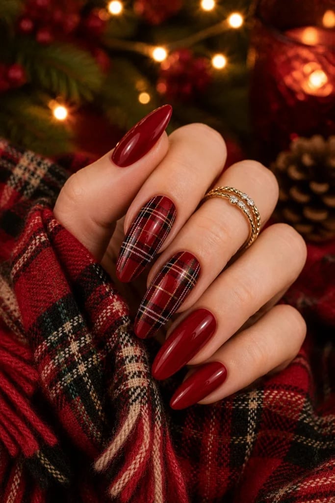 Long Almond Glossy Red With Plaid Accents Long Almond Glossy Red With Plaid Accents — Christmas Acrylic Nails